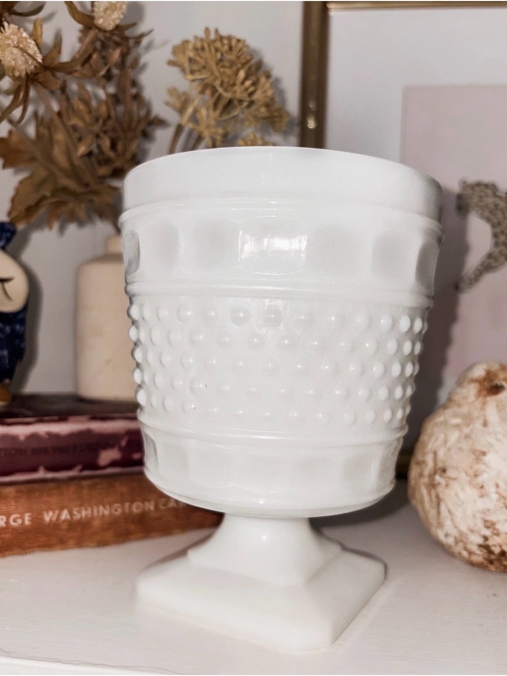 Vintage NAPCO Milk Glass Planter Hobnail Panel Design Pedestal Vase MCM 6x4 Inch